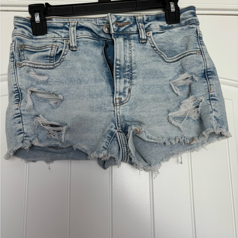 AE Distressed Light Blue Denim Shorts